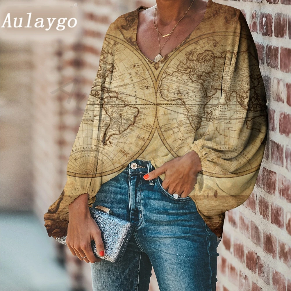 Aulaygo Hot Selling Women Summer Blouse World Map Printing V-Neck Long Sleeve Tops for Party Office Lady Loose Shirt Blusas 2020 Aulaygo Hot Selling Women Summer Blouse World Map Printing V-Neck Long Sleeve Tops for Party Office Lady Loose Shirt Blusas 2020