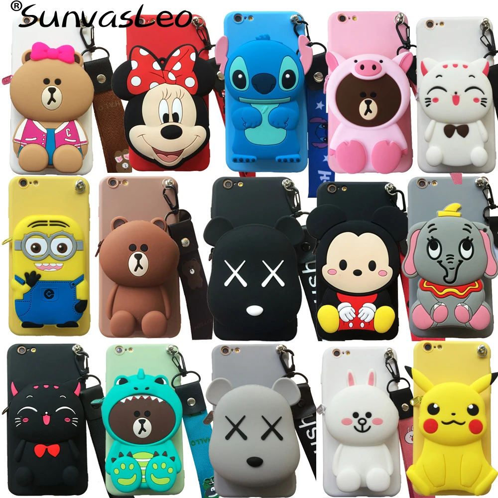

For Huawei Y Series 3D Cartoon Animal Soft Silicone Purse Case Wallet Phone Cover With Strape Chain Shell Bag Cases Cable