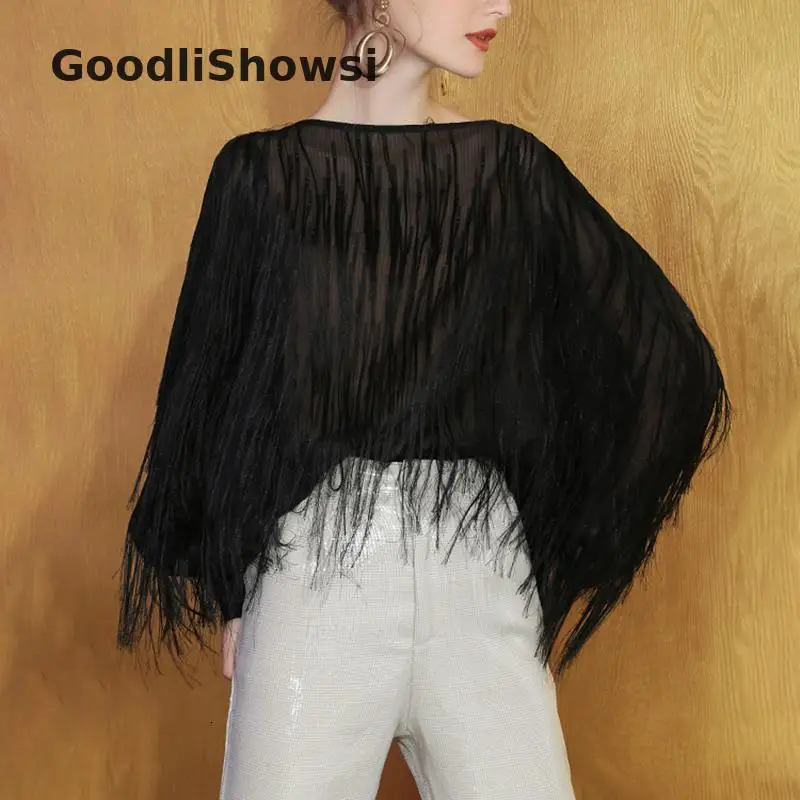 GoodliShowsi, Новое поступление, модная блузка с кисточками, одноцветные прозрачные майки с круглым вырезом и длинным рукавом, шикарная Женская Базовая рубашка, топы