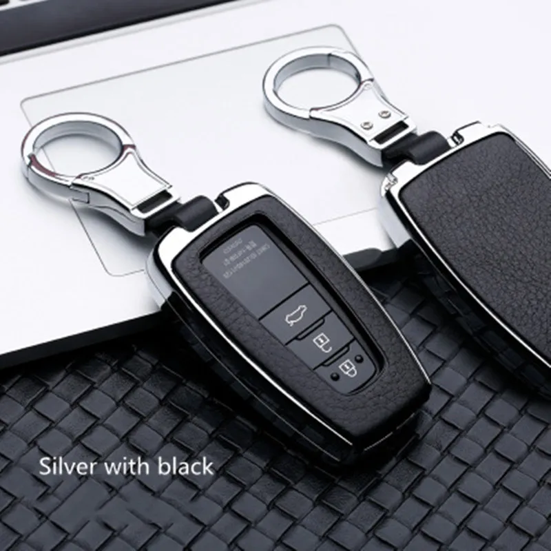 Чехол для ключей автомобиля из сплава+ кожи, держатель для Toyota Prius CHR C-HR Camry, защитный чехол для ключей с дистанционным управлением - Название цвета: silver with black