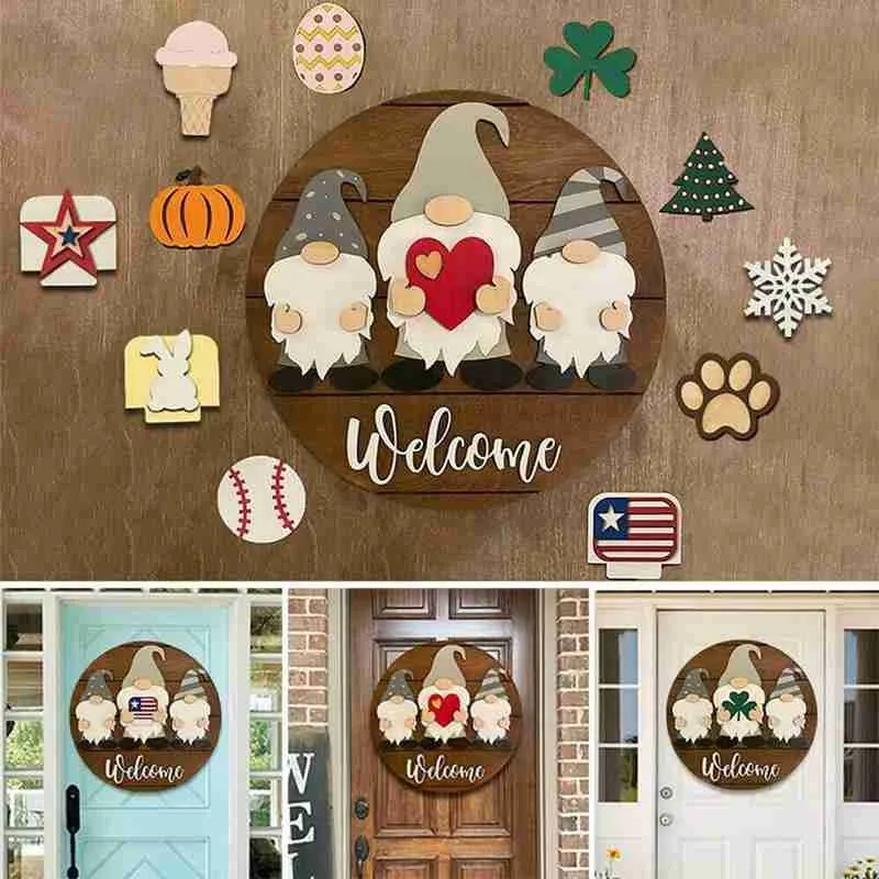 Gnome Interchangeable All Season Welcome Sign Rustic Farmhouse Front Door Hanger 