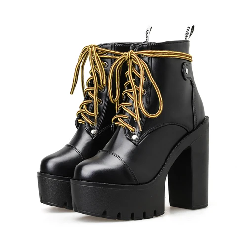 Женские ботильоны на высоком каблуке со шнуровкой и перекрестной шнуровкой; цвет белый, черный, синий; обувь на блочном каблуке; армейские ботинки в стиле панк, готика; YMA895 - Цвет: Черный