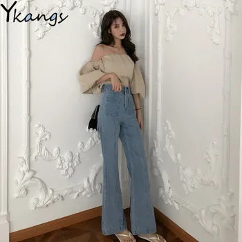 

Mom Jeans Denim Solid Ladies Elegant Wide Leg Pant High Waist Womens Trousers Boyfriends Loose Bottoms Basic Classic streetwear