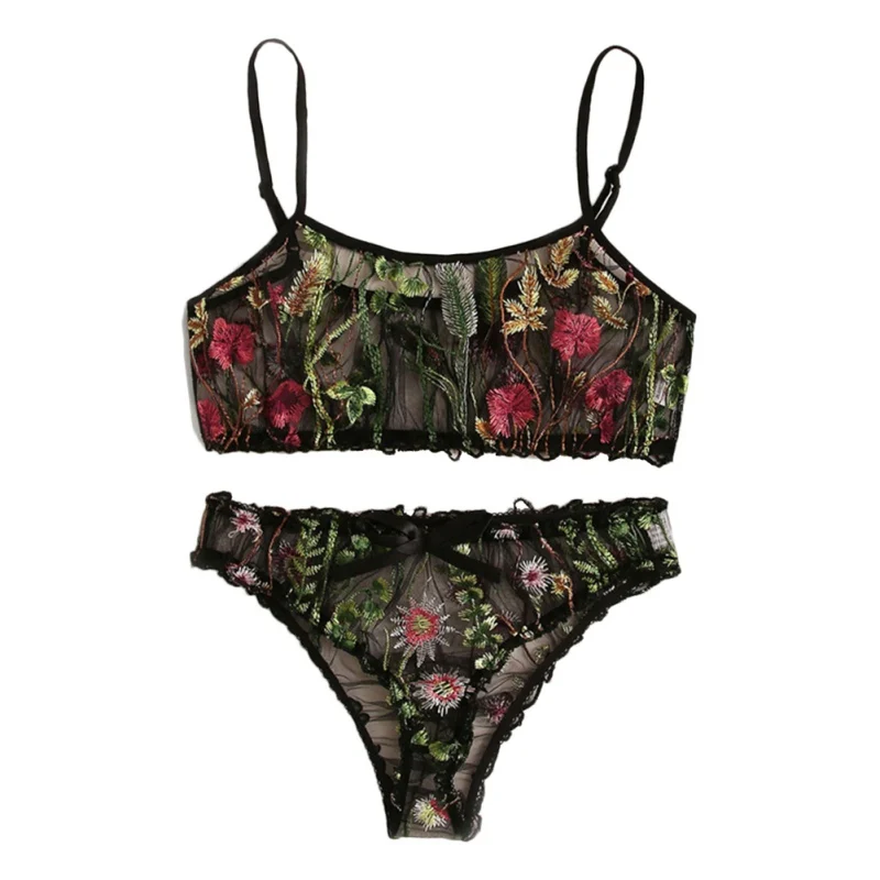 Модный привлекательный сетчатый газовый бюстгальтер с вышивкой комплект