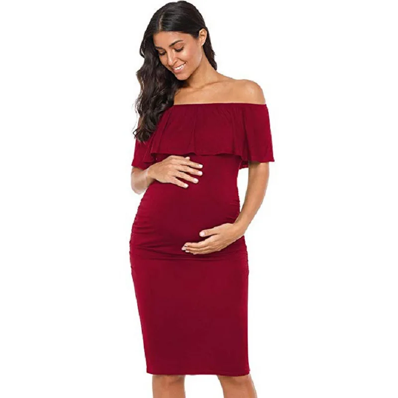 

2019 New Style Hot Selling Women's off-Shoulder Sleeveless Horizontal Neck Maternity Clothes Frill Knee-Length Tight Dress
