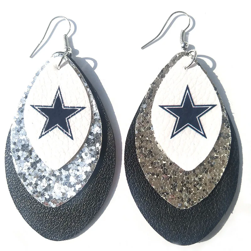 Новинка, Dallas Cowboys,, тройные блестящие футбольные кожаные серьги, 3D, три слоя листьев, каплевидные серьги, командные подарки на заказ
