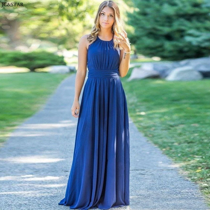 Vestido madrinha, новинка, кружевное шифоновое платье трапециевидной формы с круглым вырезом на спине, королевское синее платье подружки невесты, длинное свадебное платье для гостей, suknie na wesele - Цвет: royal blue