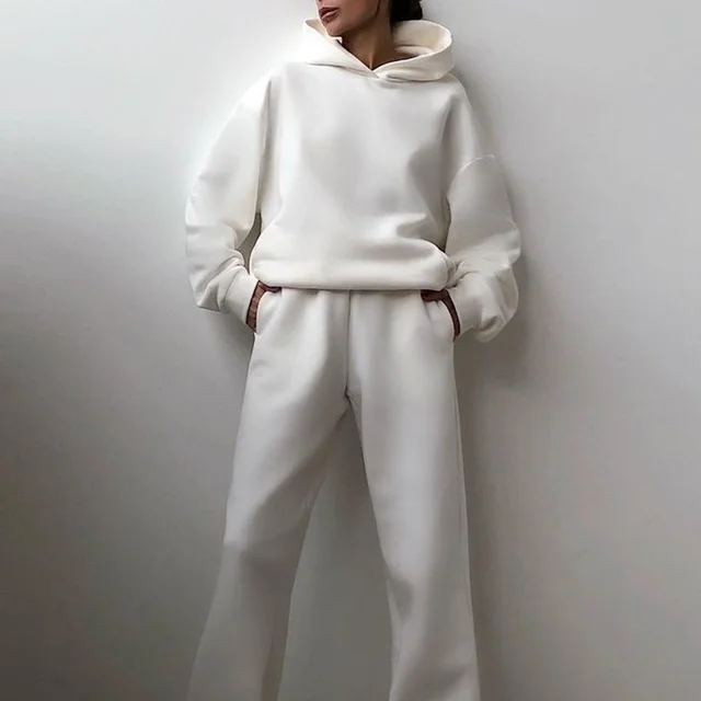 Women Fleece Two Piece Sets Elegant Solid Color Oversized Warm Hoodies and Long Pant Sports Suit Autumn Winter Tracksuit 2021 5