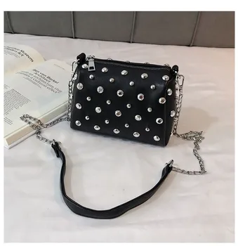 

Women's shoulder bag slant span bag 2020 Korean new rivet bag personality solid color bag cylinder bag fashion women's bag