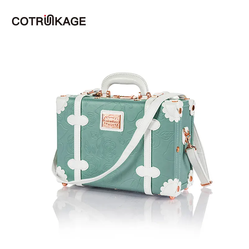 

COTRUNKAGE 13 Inch Women Handbag Pu Leather Carry On Suitcase Cosmetic Case for Girls Decorative Box with Straps - Embossed Mint