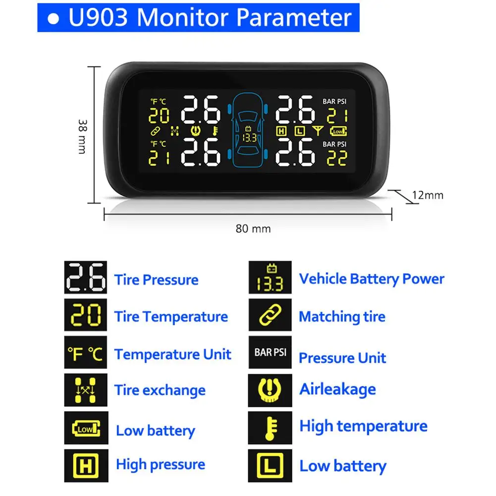 U903 TL Универсальный Автомобильный TPMS дисплей давления в шинах цветной прикуриватель штекер автомобильный монитор давления в шинах точный TPMS в режиме реального времени