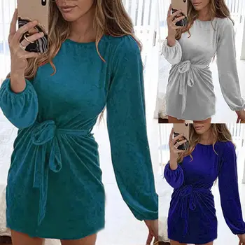 

Women Solid Color Long Sleeve O Neck Waist Belt Tight Party Cocktail Mini Dress