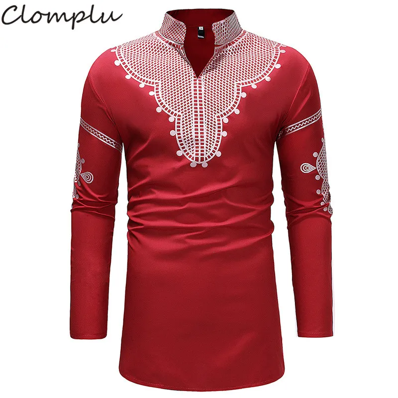 Красный Clomplu модная африканская Дашики, одежда, рубашки для мужчин, длинный рукав, Повседневная полиэфирная одежда с принтом в африканском стиле, мужская одежда красного цвета, большие размеры M-3XL - Цвет: Красный
