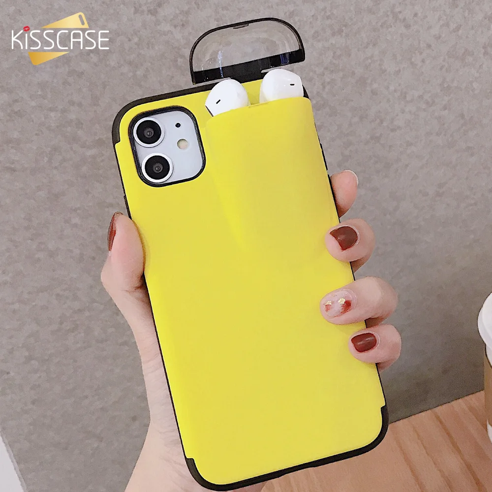 KISSCASE 2 In 1 Earphone Storage Box Case For iPhone 11 Pro Max XS XR X Airpods Portable 7 8 6 6S Plus |