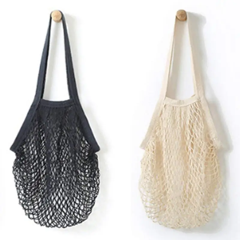 

New 2Pcs Portable Reusable Mesh Cotton Net String Bag Organizer Shopping Tote Handbag Fruit Storage Shopper NEW (black,beige)