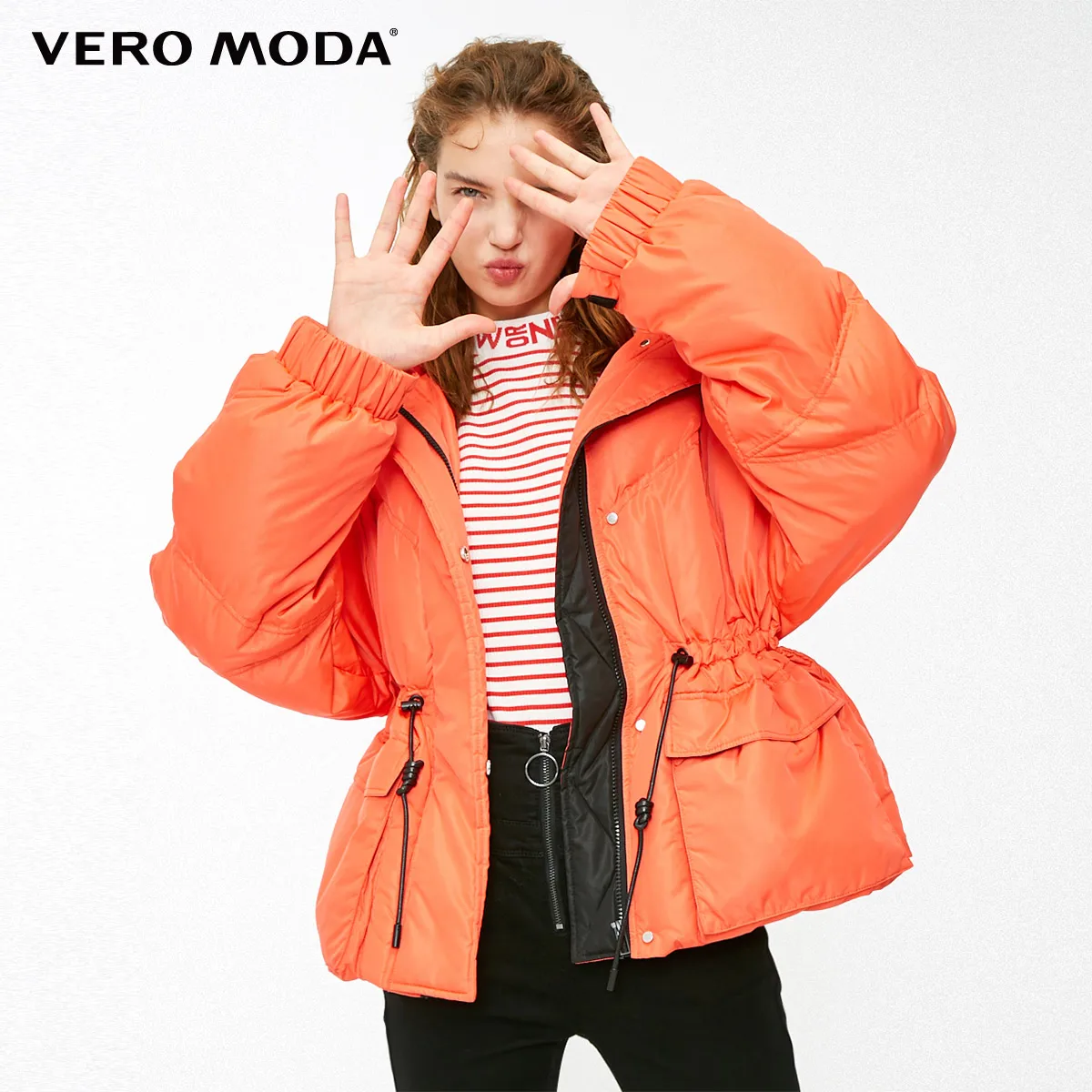 Vero Moda женский ins с капюшоном спущенное плечо шнурок Вниз Куртка парка пальто | 318423503 - Color: Outrageous orange