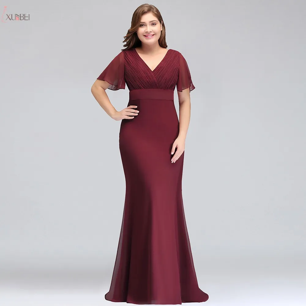 SALE Plus Size Long Red Evening Dresses Women Birthday Gift Mermaid Chiffon Party Robe Engagement Elegant V-neck Short Sleeves
