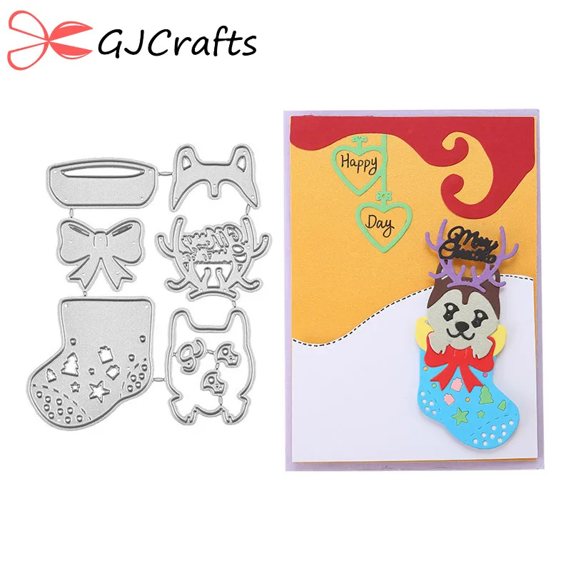 

GJCrafts Christmas Dies Dog In Socks Metal Cutting Dies 2019 for Card Making Scrapbooking Embossing Cuts Stencil Craft Dies