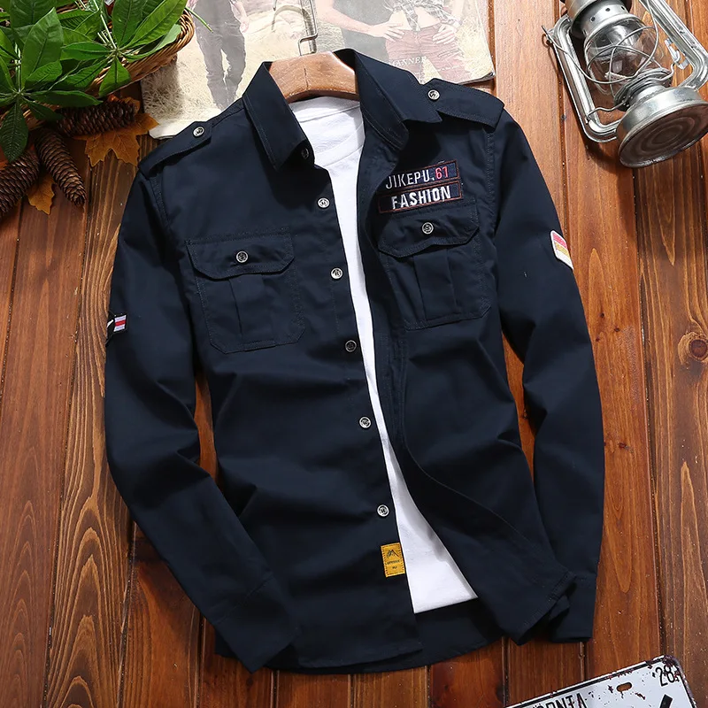 2020 Military Slim Cotton Shirt for Men Navy Blue Long Sleeve Green Khaki Casual Slim Fit Vintage Jacket Streetwear M - 5XL 2020 Military Slim Cotton Shirt for Men Navy Blue Long Sleeve Green Khaki Casual Slim Fit Vintage Jacket Streetwear M - 5XL