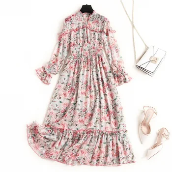 

Women rose floral chiffon summer dress new 2020 long sleeve bow tie front ruffles cute elastic high waist bohemian dresses