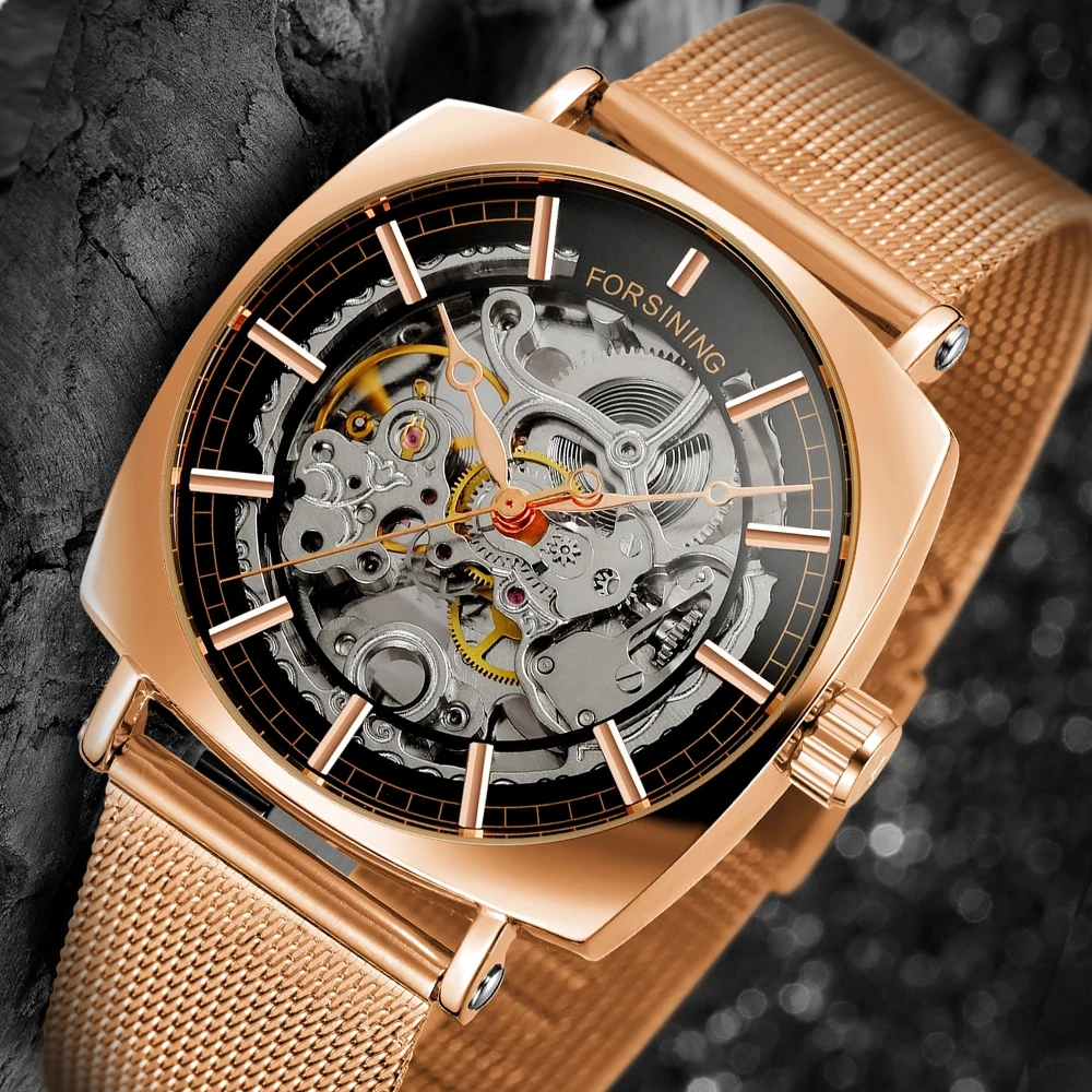 

FORSINING Top Brand Luxury New Square Watch Men Skeleton Automatic Mechanical Watch Silver Skeleton Vintage Man Watch Mens Watch