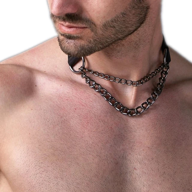 Man Black Punk Choker Harness Chain 
