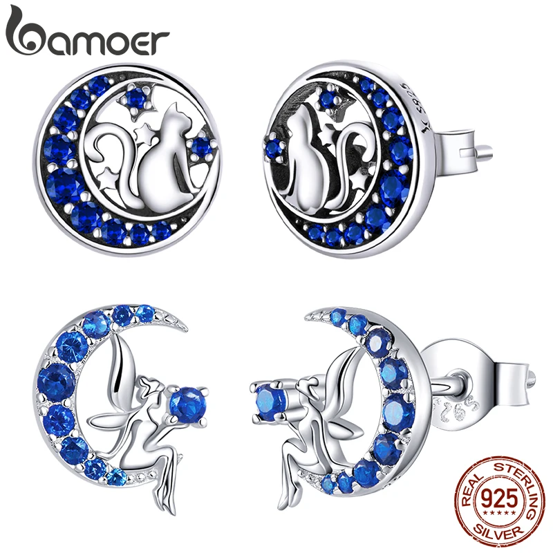 Bamoer Genuine 925 Sterling Silver Cat On The Moon Round Blue Stud Earrings For Women Ear