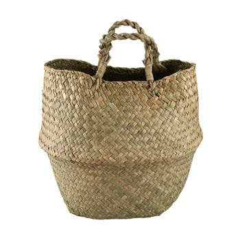 

Woven Seagrass Basket, Woven Seagrass Tote Belly Basket for Storage, Laundry, Picnic, Plant Pot Cover & Beach Bag