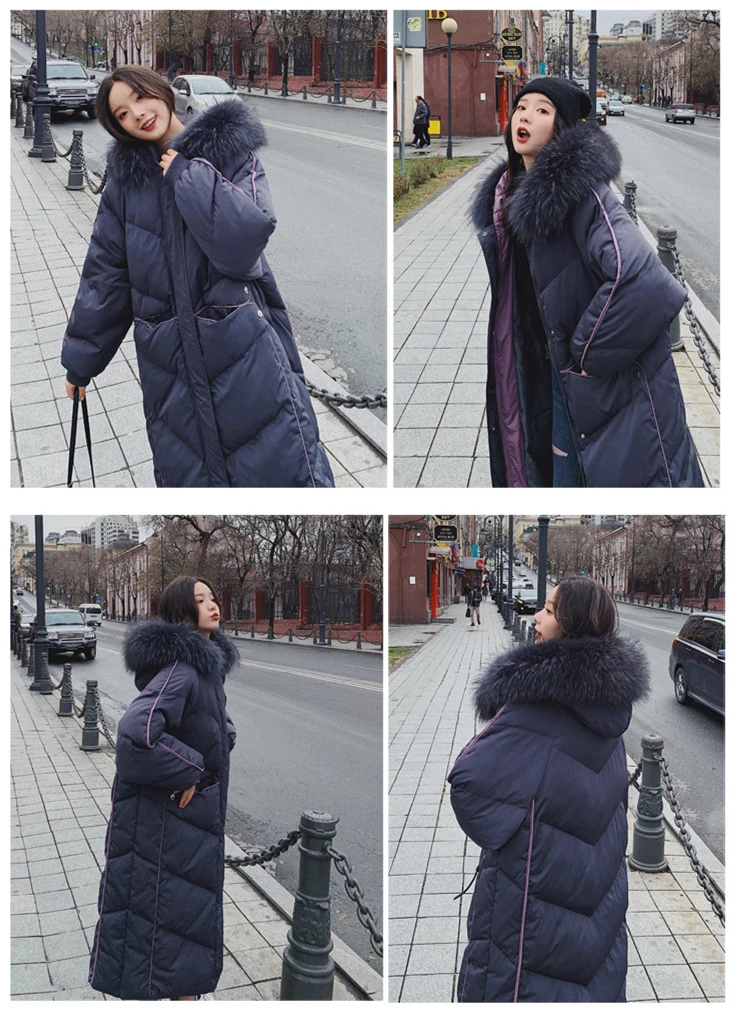 Настоящая фотография, зимняя новинка, Корейская версия, хит, цветная, в полоску, большой меховой воротник, свободная, хлопок, лен, хлопок, женская, длинная, хлопок