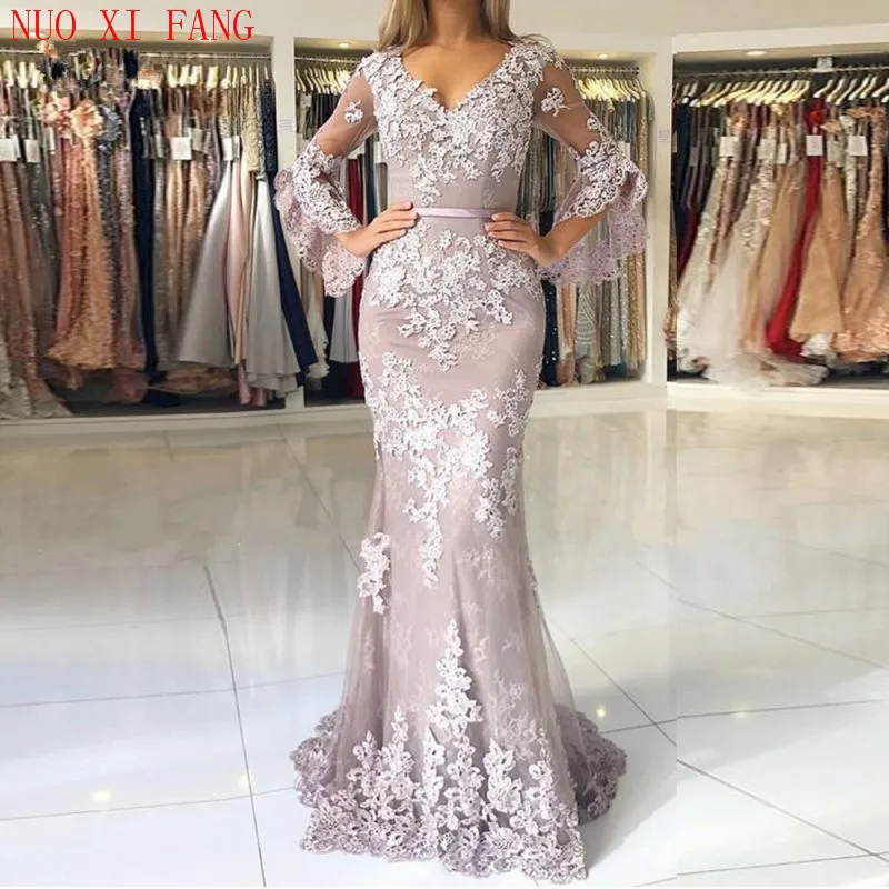 Glamorous V neck robe de soiree Mermaid Evening Dresses Elegant Lace Appliques Long Sleeves Prom Party Dresses Formal Dresses