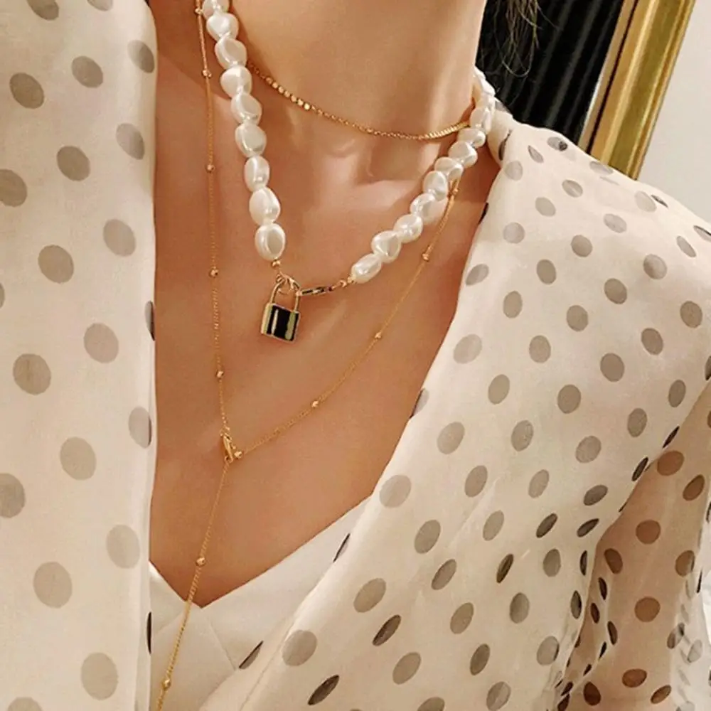 

KMVEXO Punk Multi-layer Imitation Irregular Pearl Lock Pendant Choker Necklace Gold Lock Chain Necklaces for Women Pearl Jewelry