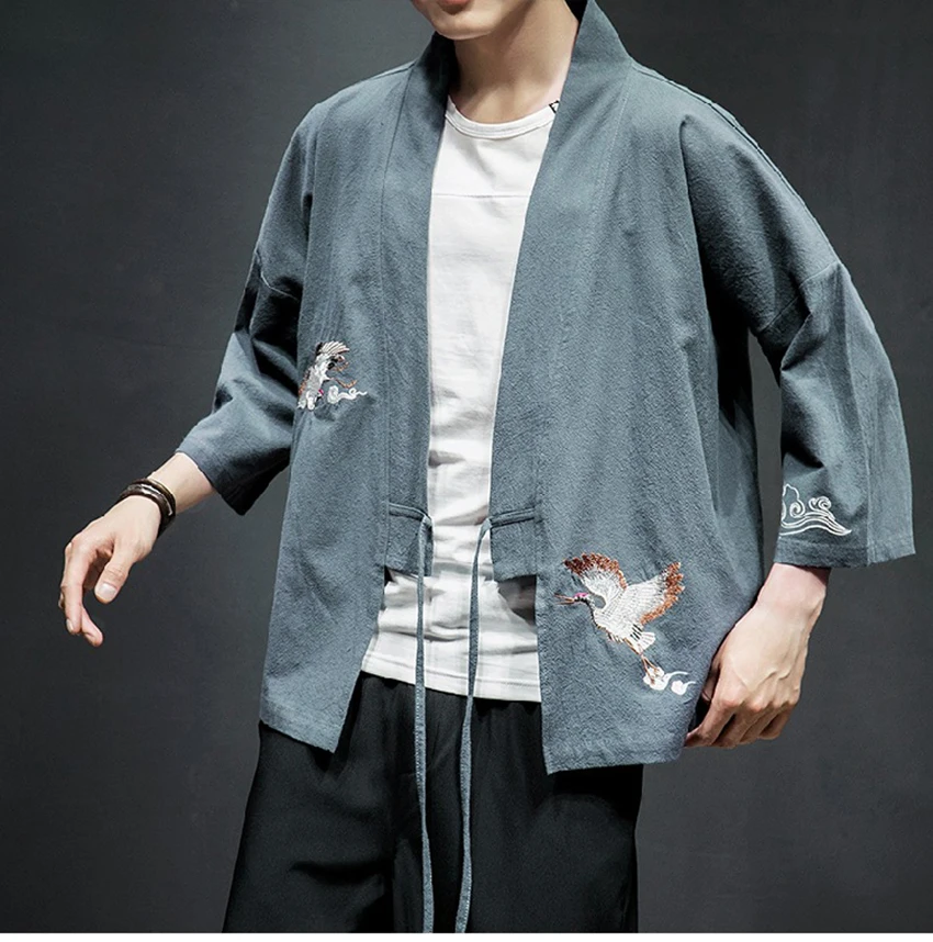 Haori Crane Embroidery News Japanese Style Asian Clothes Vintage Traditional Clothing Men Women Plus Size Samurai