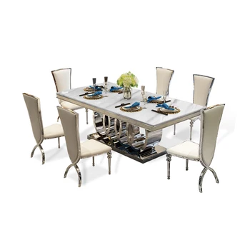 Juego de comedor dorado de acero inoxidable con mesa de mármol y 6 sillas de cuero, mesa de jantar, comedor