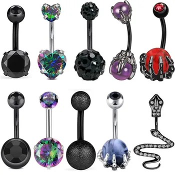 1PCS Black Crystal Belly Button Rings Surgical Steel Snake Body Piercing Navel Heart Sexy Belly Ring Piercing Ombligo Jewelry