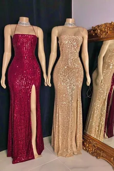 

Sparkly Sequined Prom Dresses Mermaid Spaghetti Strap Split Long Formal Party Gowns vestido-de-festa