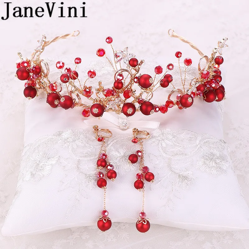 JaneVini Luxury Beaded Wedding Crowns and Earrings Set Bridal Jewelry Wedding Tiaras Diadem Red Princess Crowns Hair Accessories image_1