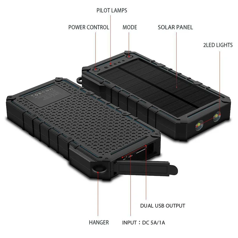 Горячая 15000 мАч Солнечный внешний аккумулятор Двойной светодиодный фонарик двойной USB выход водонепроницаемый пыленепроницаемый осеннее портативное зарядное устройство