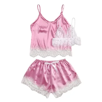 

3PCS pajamas Women Satin Sexy Lace Print Bowknot Silk Camisole Shorts Set Sleepwear Pajamas Lingerie Set pijama mujer seda