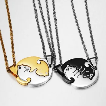 

Couples Stainless Steel Cat Lovers Pendant Necklace Compose Circle Two cats Lover Heart Shape Chain Pendant For Women Men
