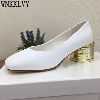 

Metal Chunky High Heels Single Shoes Women Real Leather Round Toe Shallow Mouth Spring Loafers Female Formal Commuter Pumps 2020