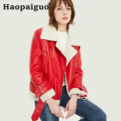Красная кашемировая Лоскутная куртка из искусственной кожи, женская классическая байкерская куртка, зимняя и осенняя Женская Толстая