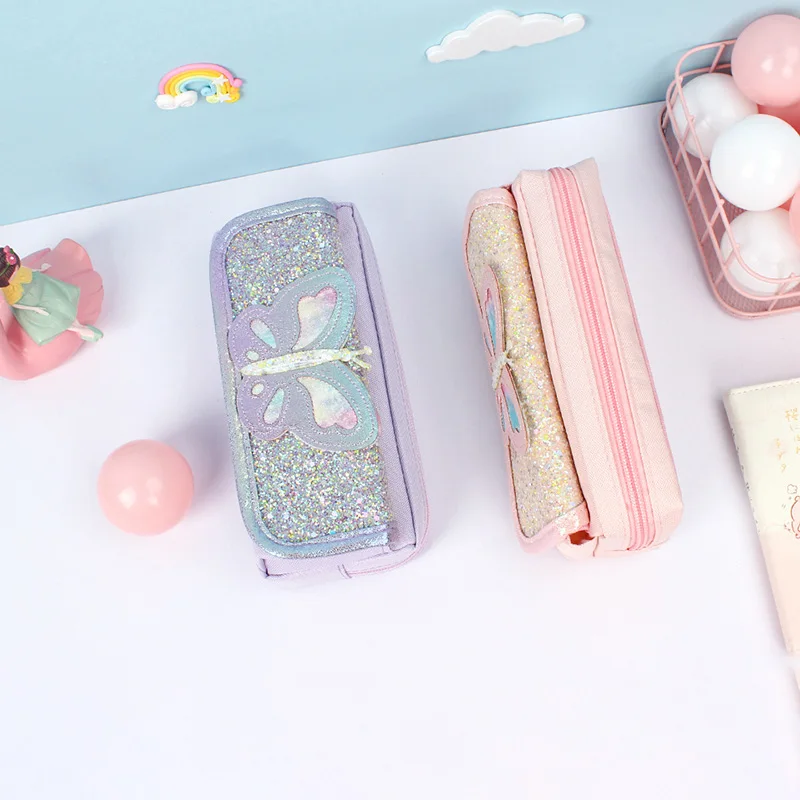 Kawaii Блестящий карандаш сумка милый чехол-карандаш с бабочками большой объем