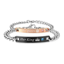 2 стиля, его королева, ее король, черный, розовый, золотой цвет, женская, Мужская цепочка, кристалл, пара браслетов для мужчин, Femmo на руках, ювелирное изделие, подарок