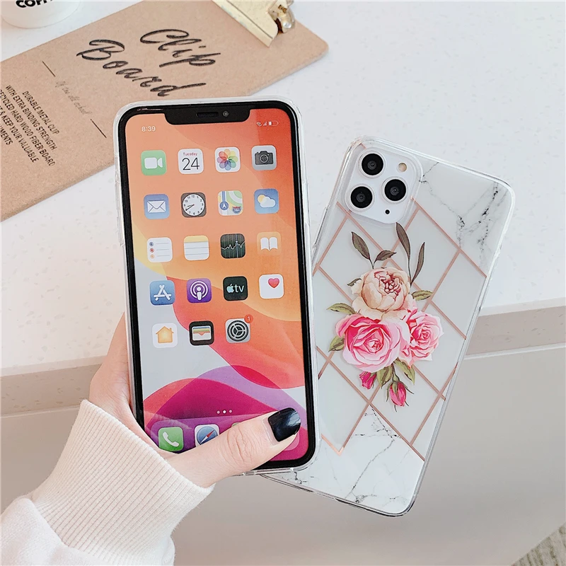 Элегантный чехол с ромбовидными цветами для Iphone 11 11pro Max, мягкий чехол по технологии imd для Iphone X Xs Max Xr 7 8 plus, стильная прозрачная задняя крышка для девочек