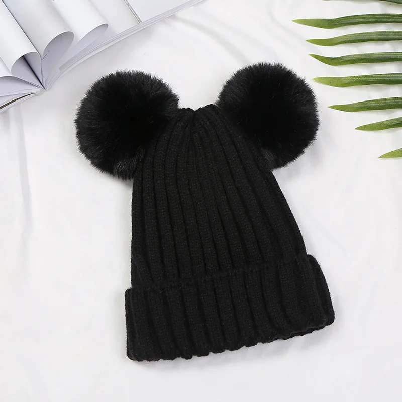 mens winter hat skullies Fashion Women Two Faux Rabbit Fur Pompom Winter Hat Cap Warm Thickened Plus Velvet Double Pom Pom Cable Knitted Skullies Beanie baggy beanie Skullies & Beanies