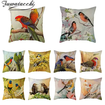 

Fuwatacchi Pure Linen Cushion Cover Cute Bird Pillow Cover Flora and Fauna for Home Chair Sofa Decorative Pillowcases 45x45 Cm