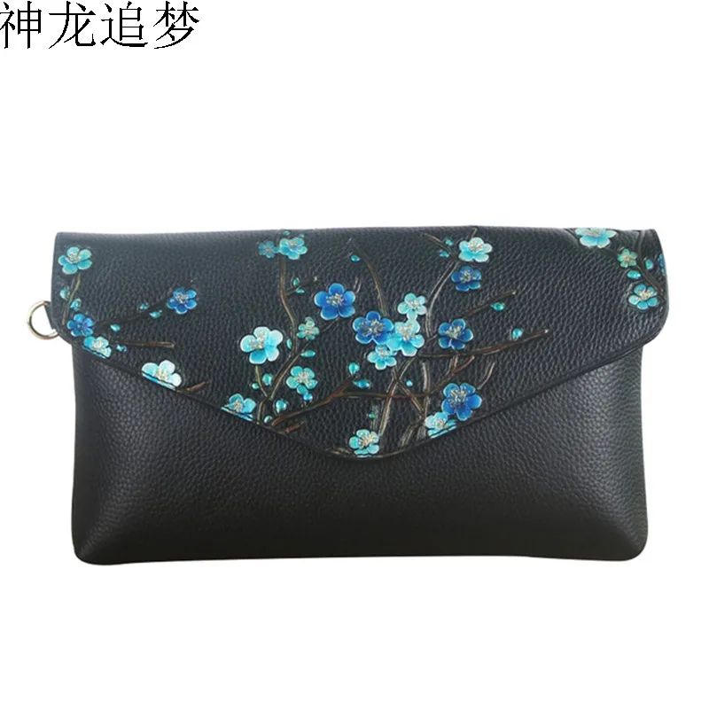 

Famous design Genuine Leather handbag new clutch bag embossed painted Plum Flower Shoulder Crossbody Bag Female Messenger bag