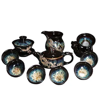 

Kiln Change Tea Set Home Tianmu Glaze Sand Gold Ceramic Set Silver Teapot Teacup High grade Kungfu Tea Set Gift preferred