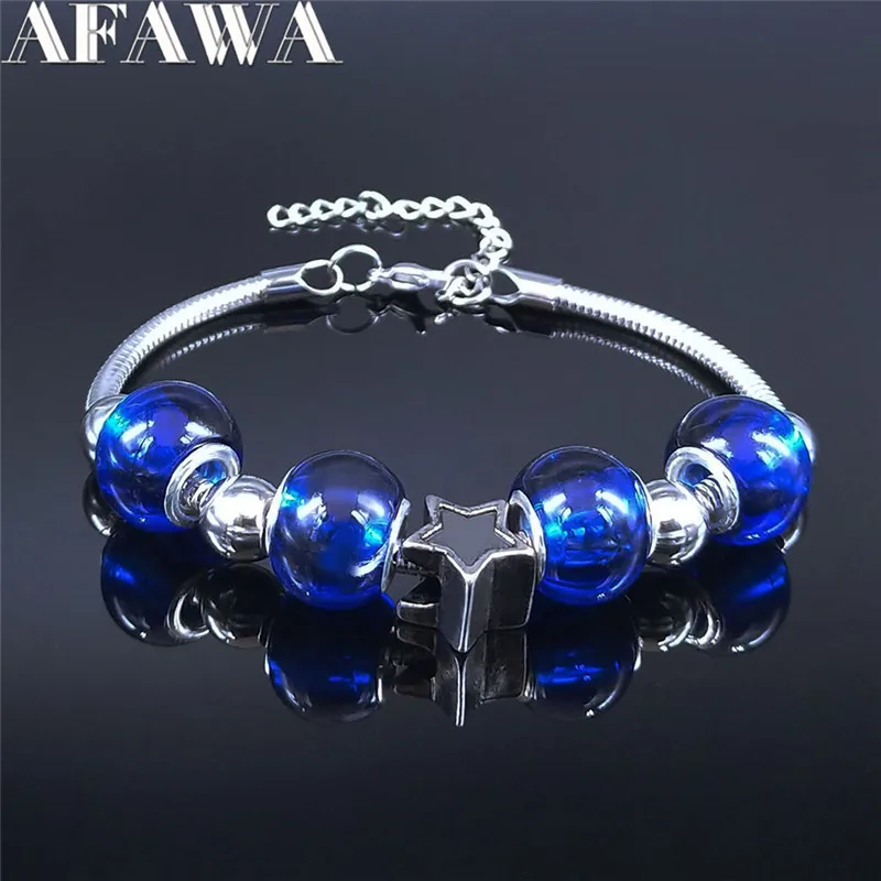 Witchcraft Pentagram Stainless Steel Blue Glass Chain Bracelets Women Silver Color Bead Bangle 