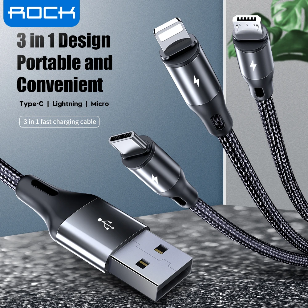 Зарядный кабель ROCK USB 3 в 1 Micro Type-C для iPhone SE11 XS Max XR X 8 7 6 Xiaomi Samsung | Мобильные телефоны